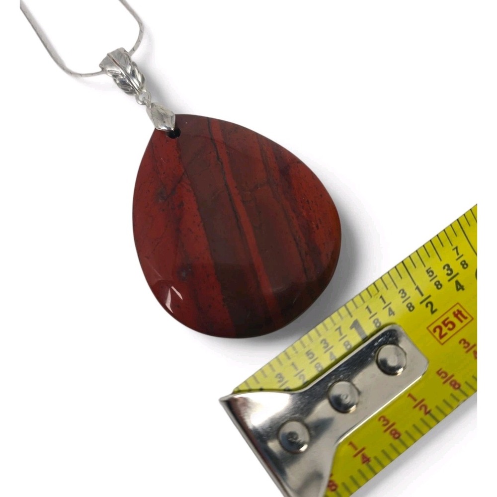 Large Red Banded Teardrop Pendant Necklace Silver Tone 20" Boho Statement - Picture 8 of 12